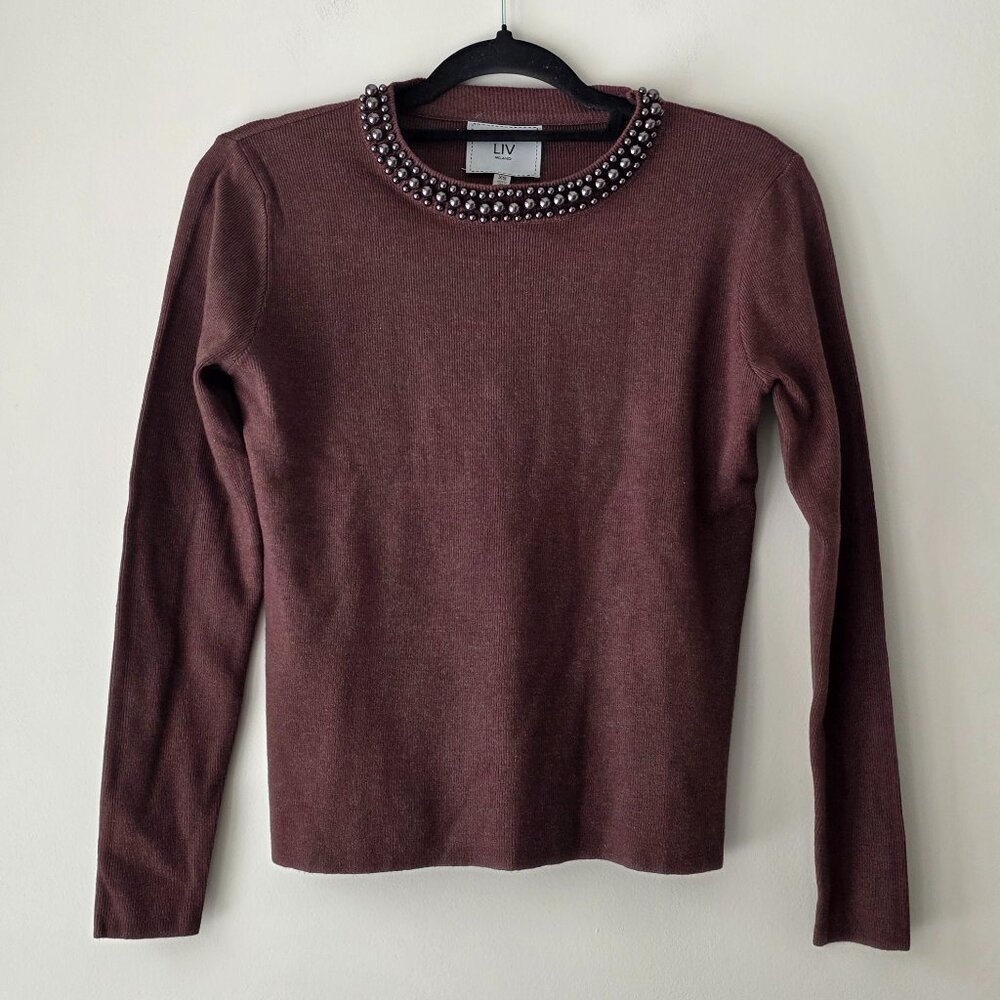 LIV Milano Chocolate Brown Crew Neck Sweater w/ Pearl Neckline | XS | NWT